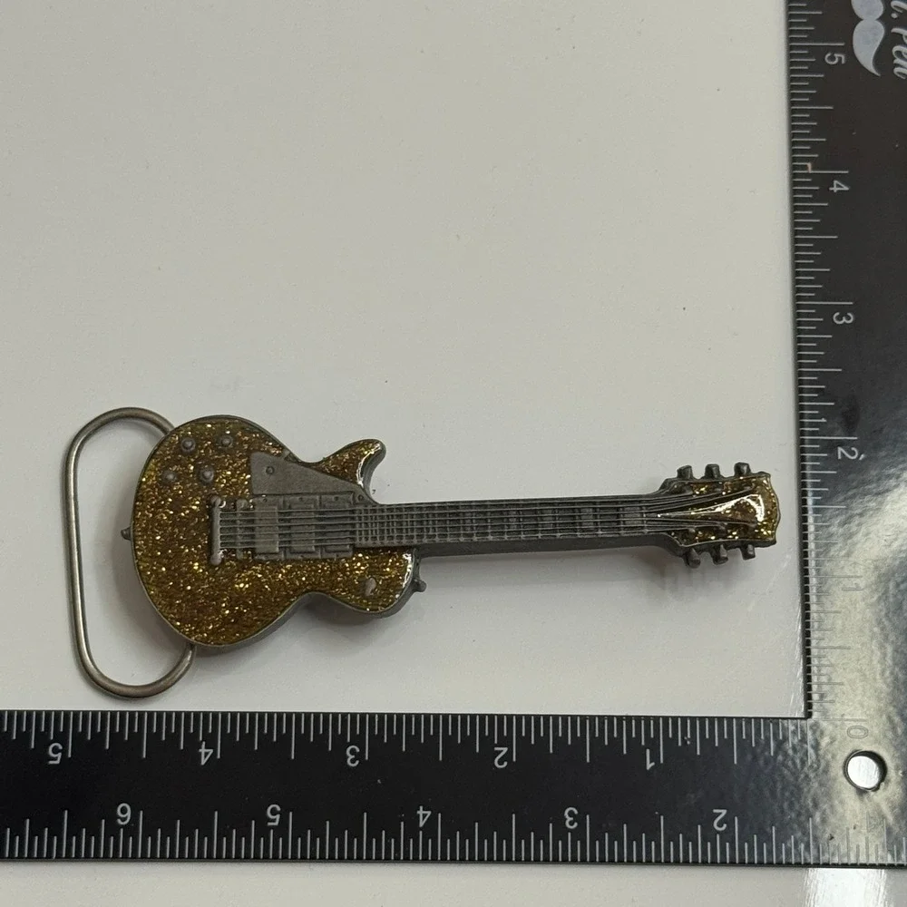 Bergamot‎ Brass Works 1987 Guitar Belt Buckle Gold Glitter Made in USA